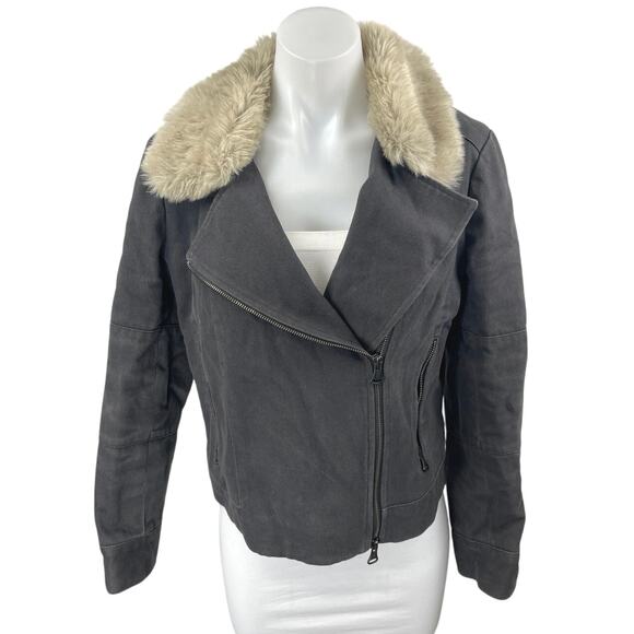 Club Monaco Krisi Gray Faux Fur Collar Asymmetrical Zip Twill Moto Coat Jacket L - Picture 1 of 5